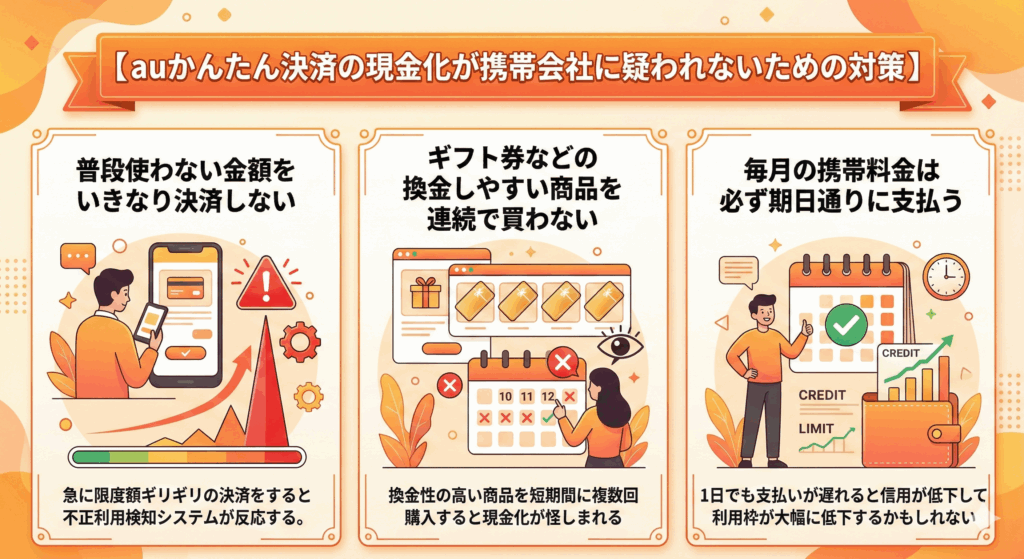 auかんたん決済の現金化が携帯会社に疑われないための対策