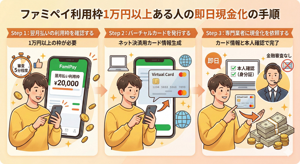 GK_ファミペイ利用枠が1万円以上ある人の即日現金化の手順