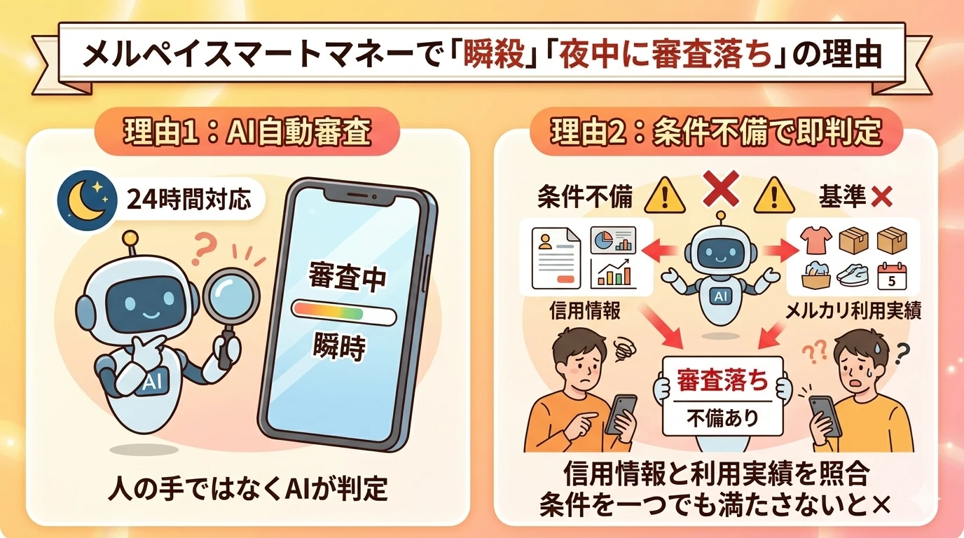 【2026年3月最新】メルペイスマートマネーの審査落ちの原因は?すぐ現金を作る方法 161 GK-メルペイスマートマネーで「瞬殺」「夜中に審査落ちた」と言われる理由