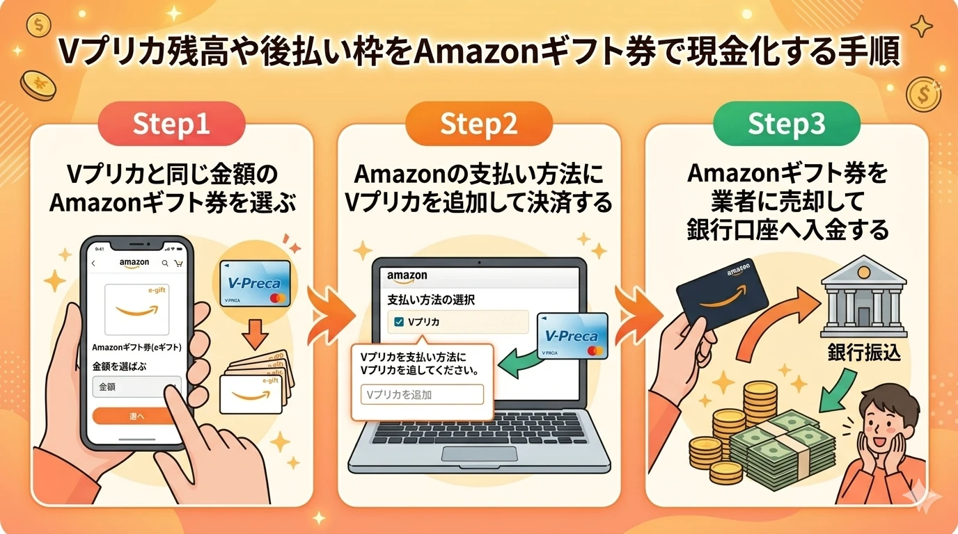 【2026年3月最新】Vプリカ現金化の全手順!注意点と安全な優良業者 118 GK-Vプリカの残高や後払い枠をAmazonギフト券で現金化する手順