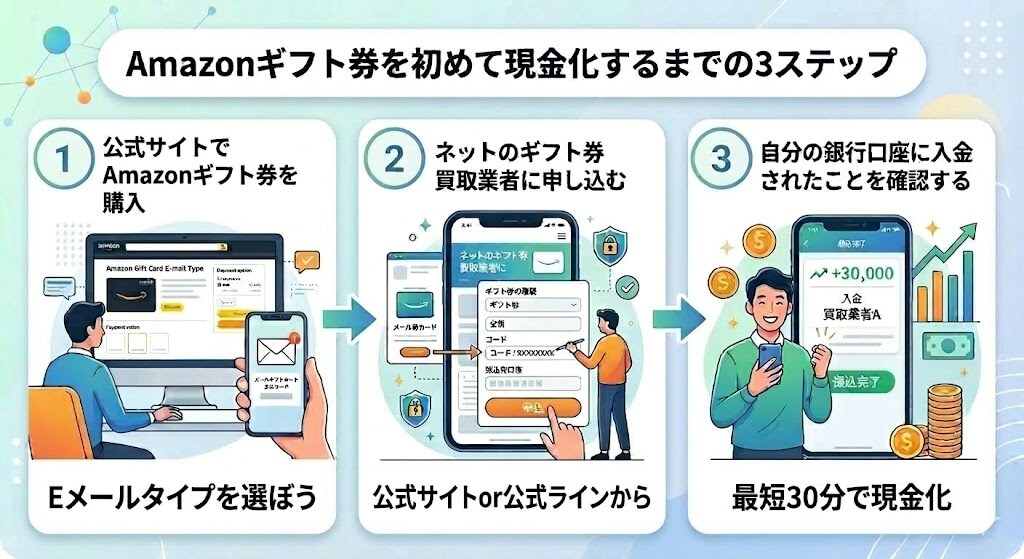 Amazonギフト券を即日現金化!最短の手順とおすすめサイト5選 199 gk-amazonギフト券を現金化する3ステップ
