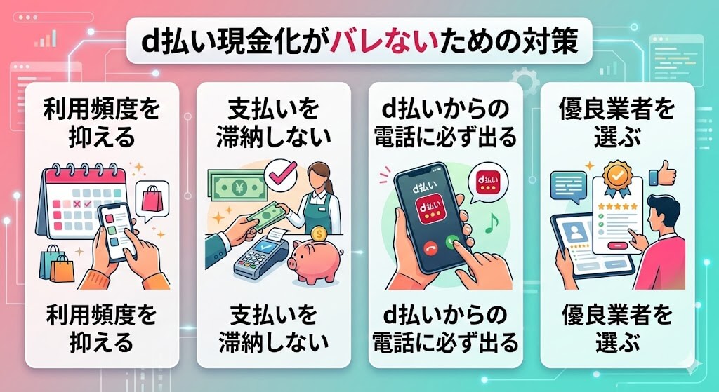 d払い現金化がバレる原因と対策!利用停止を防ぐ安全な方法も解説 121 gj-d払い現金化バレない対策